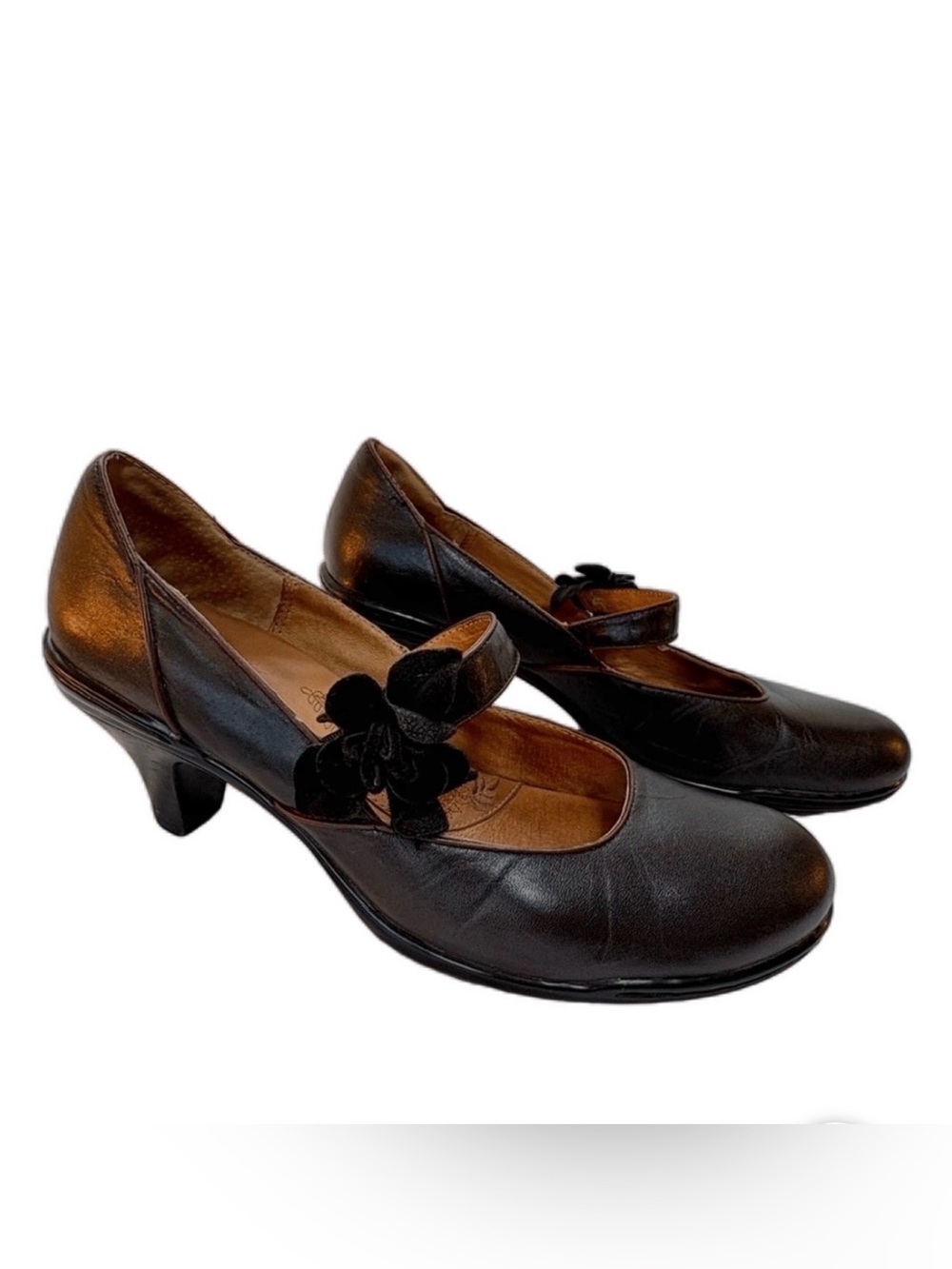 Sofft Black Mary Jane Heels with Velvet Flower Strap
